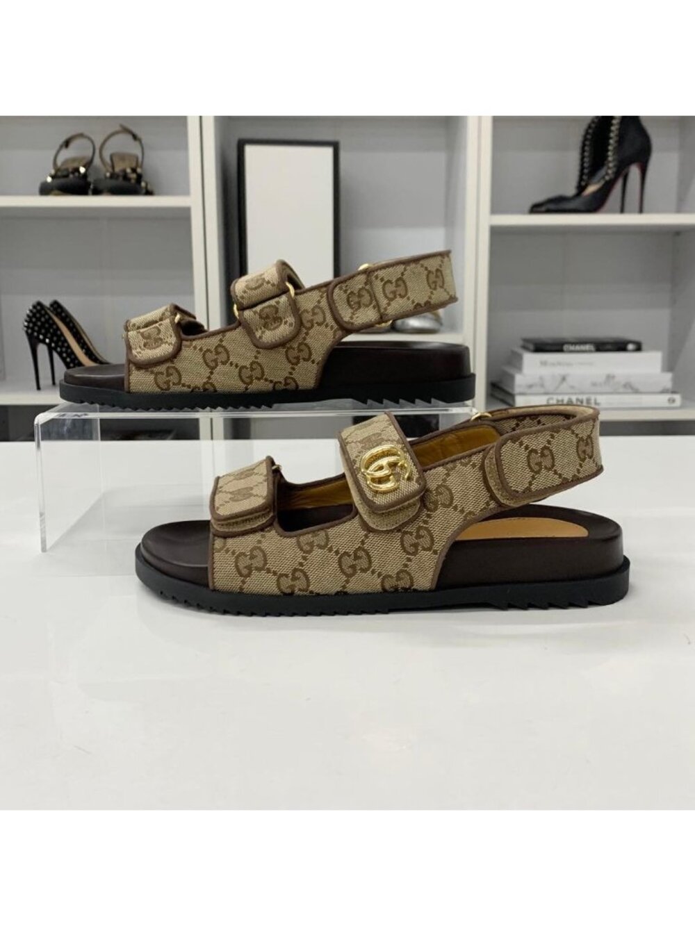 Gucci GG Marmont Canvas Double Strap Sandals Beige - Picture 3 of 10